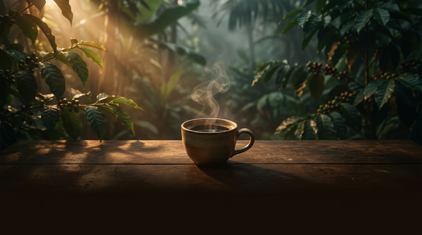 Taza de café Momoto humeante sobre madera, entre cafetos a la sombra de la selva del sureste de México